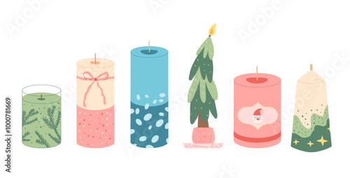 Set of Christmas scented candles. Vector hand drawn collection illustration isolated on white background.