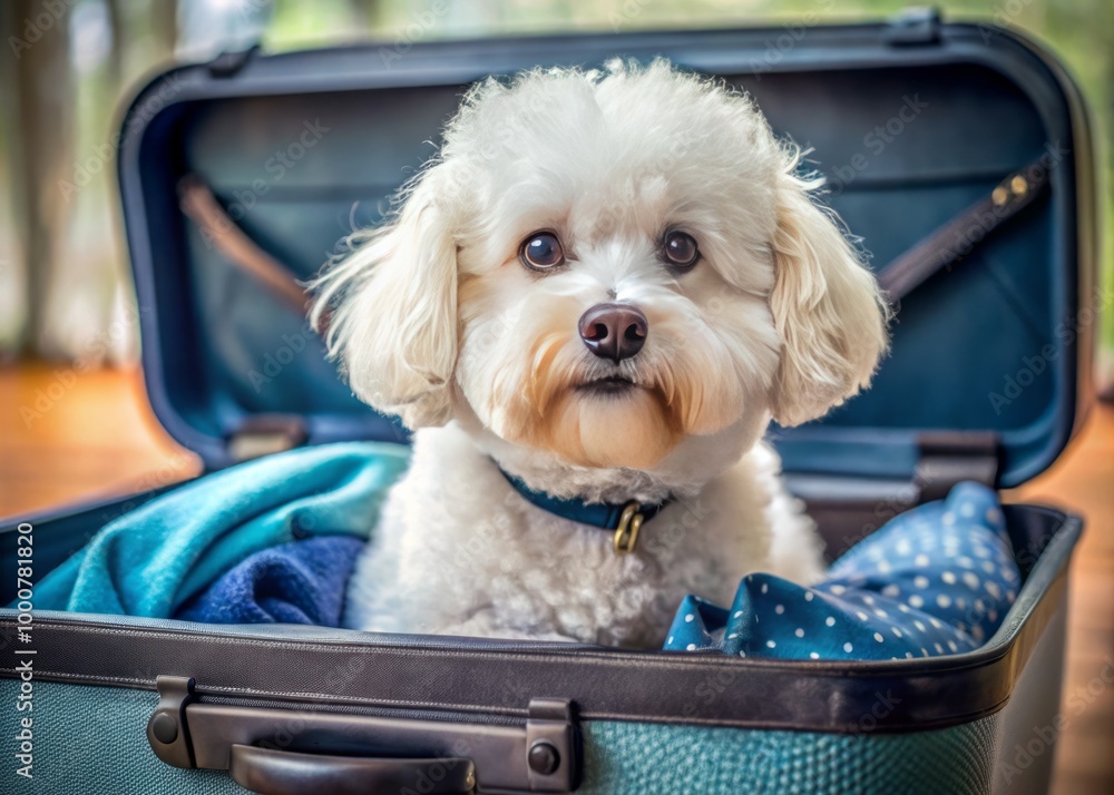 Adorable Bichon Frise Dog Snuggled in Open Suitcase Ready for Vacation Adventure and Travel Fun Adorable Bichon Frise Dog Snuggled in Open Suitcase Ready for Vacation Adventure and Travel Fun