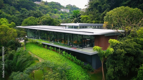 A modern, glass-walled house surrounded by lush greenery, blending architecture with nature in a tranquil setting.