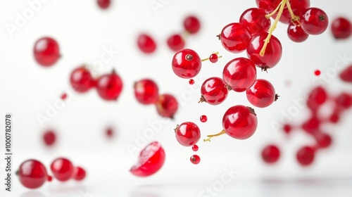 Floating Red Currants on White Background Generative AI