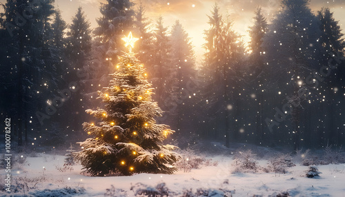 Christmas tree in the winter forest with copy space