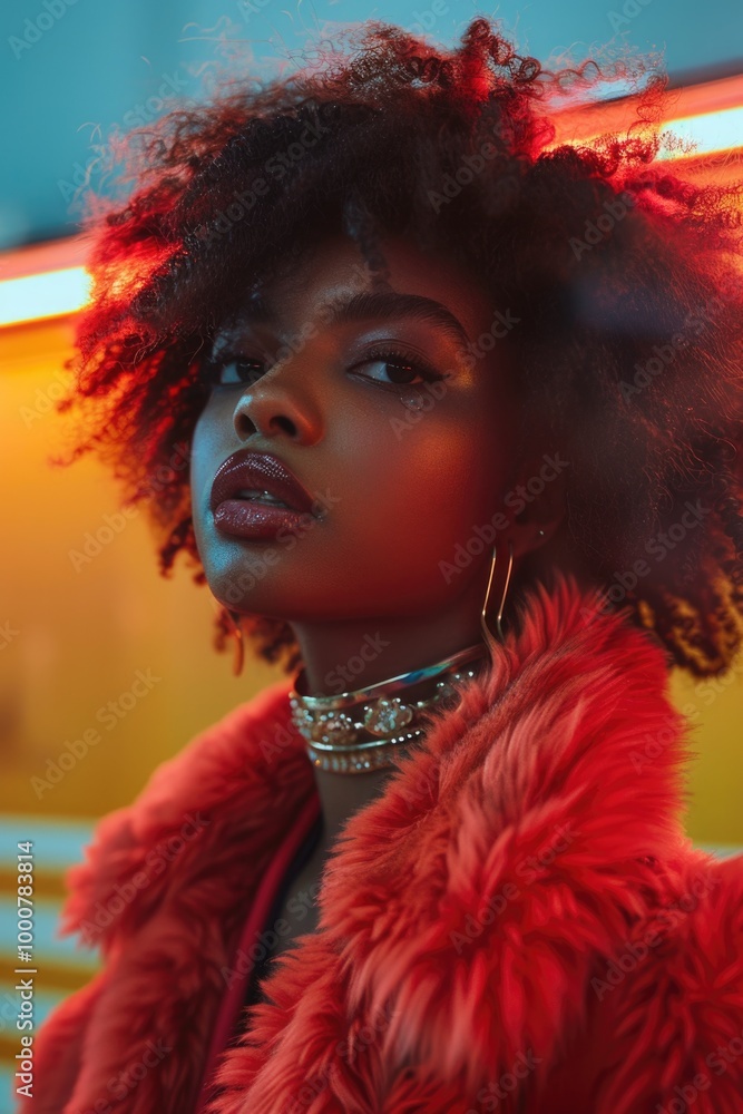 Striking Portrait of African American Woman with Neon Lights