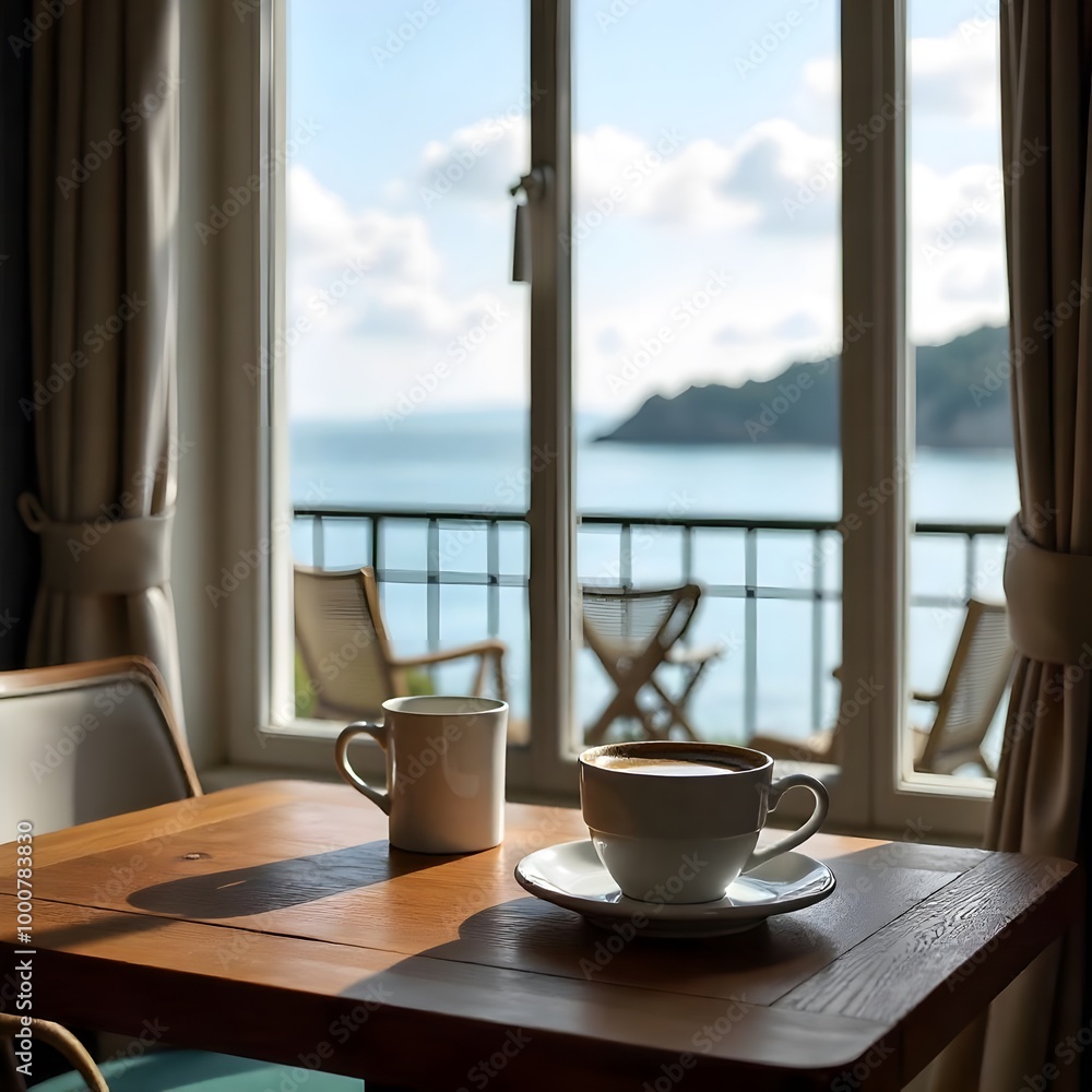 view from the window. interior of a luxury sea facing hotel room with a table two coffee cup on it. modern office room with a table coffee cup on it. view from the window. interior of a luxury sea facing hotel room with a table two coffee cup on it. modern office room with a table coffee cup on it.