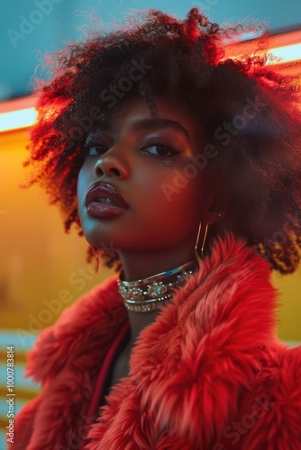 Obraz na płótnie Striking Portrait of African American Woman with Neon Lights w salonie