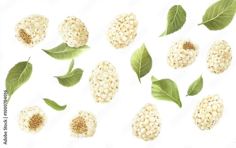 White Mulberries and Green Leaves on a White Background Generative AI White Mulberries and Green Leaves on a White Background Generative AI
