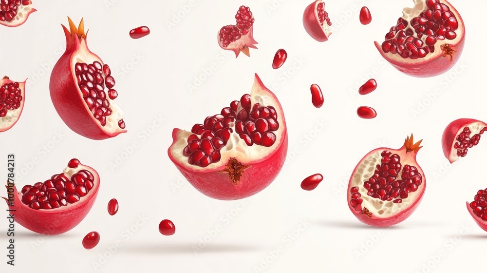 Pomegranate fruit halves with seeds floating in mid-air Generative AI Pomegranate fruit halves with seeds floating in mid-air Generative AI