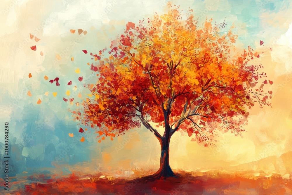 A colorful fall tree with golden leaves stands alone against a blue sky. A colorful fall tree with golden leaves stands alone against a blue sky.