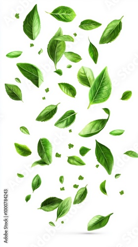 Fresh Green Leaves Falling on White Background Generative AI