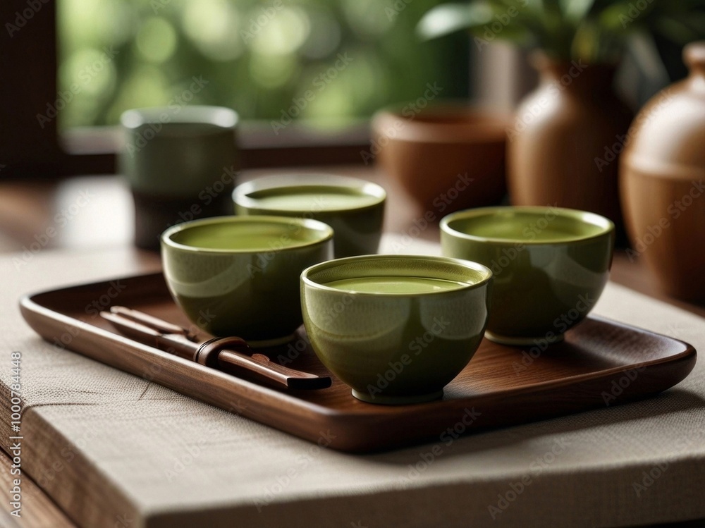 Experience a green tea ceremony with tea presented in verdant cups, complemented by wooden utensils. AI generated. Experience a green tea ceremony with tea presented in verdant cups, complemented by wooden utensils. AI generated.