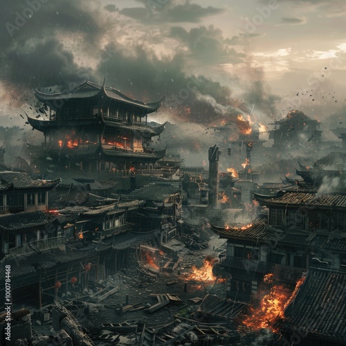 Ancient City Engulfed in Flames: A Dramatic Destruction Scene