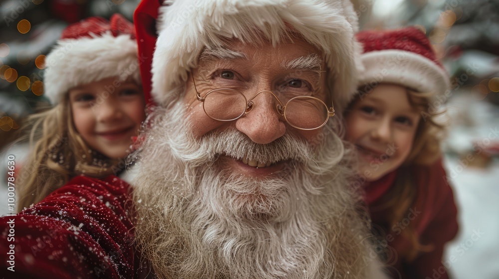 A man in a Santa hat and glasses is smiling at three children A man in a Santa hat and glasses is smiling at three children