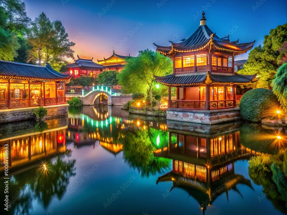 Fototapeta premium A peaceful scene features classic Chinese architecture nestled among vibrant greenery and serene waters, creating an