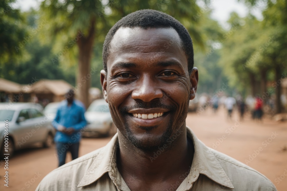Close portrait of a smiling 40s Burkinabé man looking at the camera, Burkinabé outdoors blurred background Close portrait of a smiling 40s Burkinabé man looking at the camera, Burkinabé outdoors blurred background