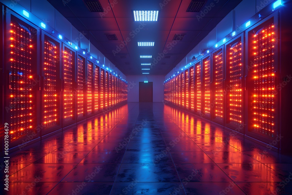 Fototapeta premium Futuristic Data Center Hallway with Illuminated Server Racks in Blue and Red Light
