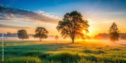 A peaceful morning unfolds over a misty landscape, where soft light caresses dew-kissed grass and trees, inviting