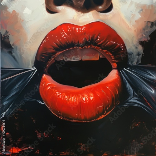 Dramatic Red Lipstick on Woman's Open Mouth in Close-Up