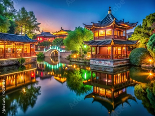 A peaceful scene features classic Chinese architecture nestled among vibrant greenery and serene waters, creating an