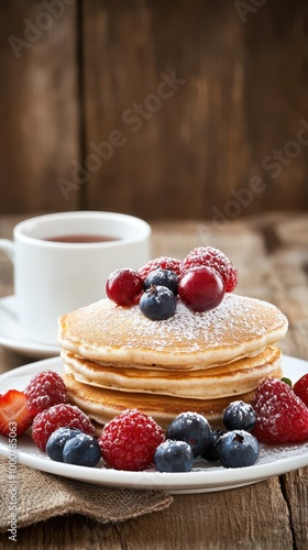 Stack of golden pancakes topped with fresh blueberries, almonds, and powdered sugar. Cozy breakfast and comfort food concept.