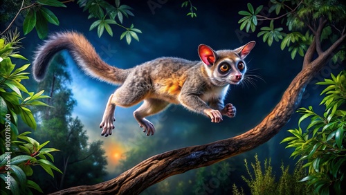 A playful bushbaby leaps and climbs through trees, showcasing agile movements amidst the vibrant night scene of photo