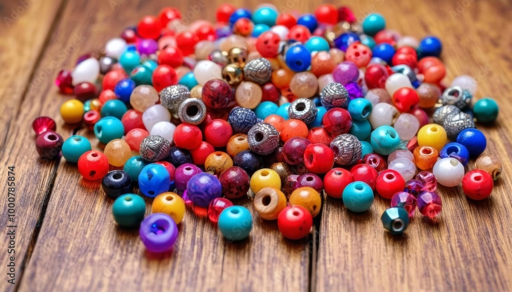 Vibrant Beads Collection on Wooden Table Vibrant Beads Collection on Wooden Table