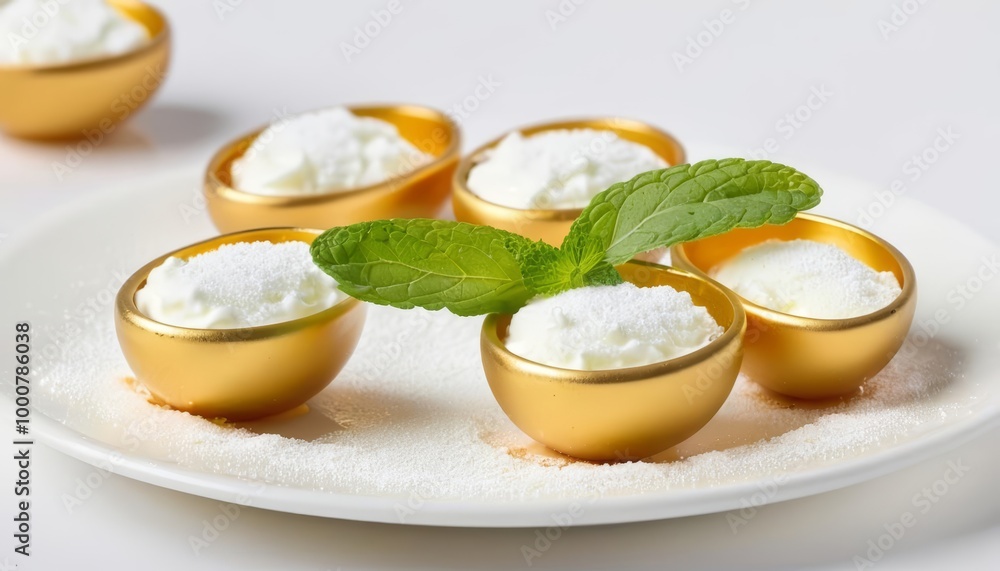 Elegant dessert presentation with gold cups and powdered sugar Elegant dessert presentation with gold cups and powdered sugar