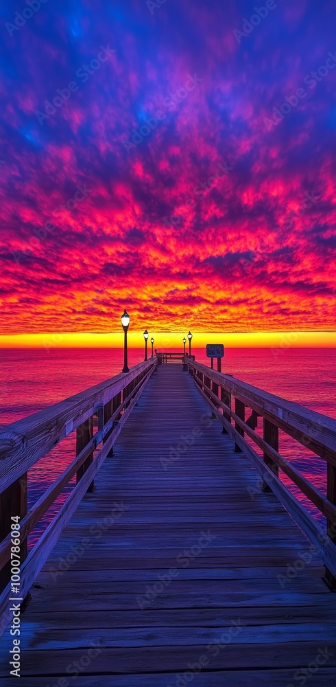Fototapeta premium A stunning sunset paints the sky with colors as a wooden pier leads towards the calm ocean waters, illuminated by street lamps