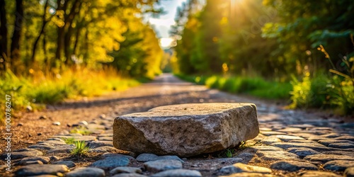 A rough stone stumbling block on a pathway symbolizing challenges and obstacles in life's journey
