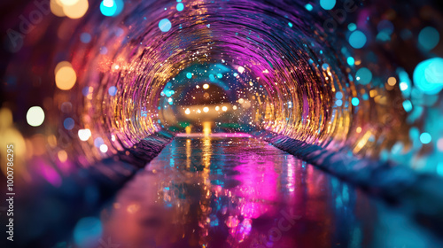 Fototapeta Naklejka Na Ścianę i Meble -  An abstract neon tunnel with flowing ice patterns and a vibrant, luminous light.