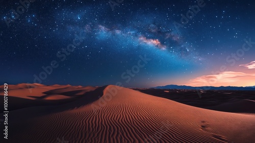 A serene desert landscape under a starry night sky with a visible Milky Way.