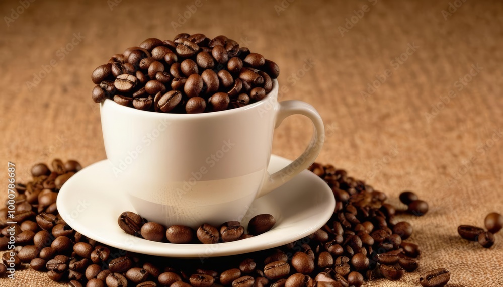 Aromatic coffee beans overflowing a cup Aromatic coffee beans overflowing a cup