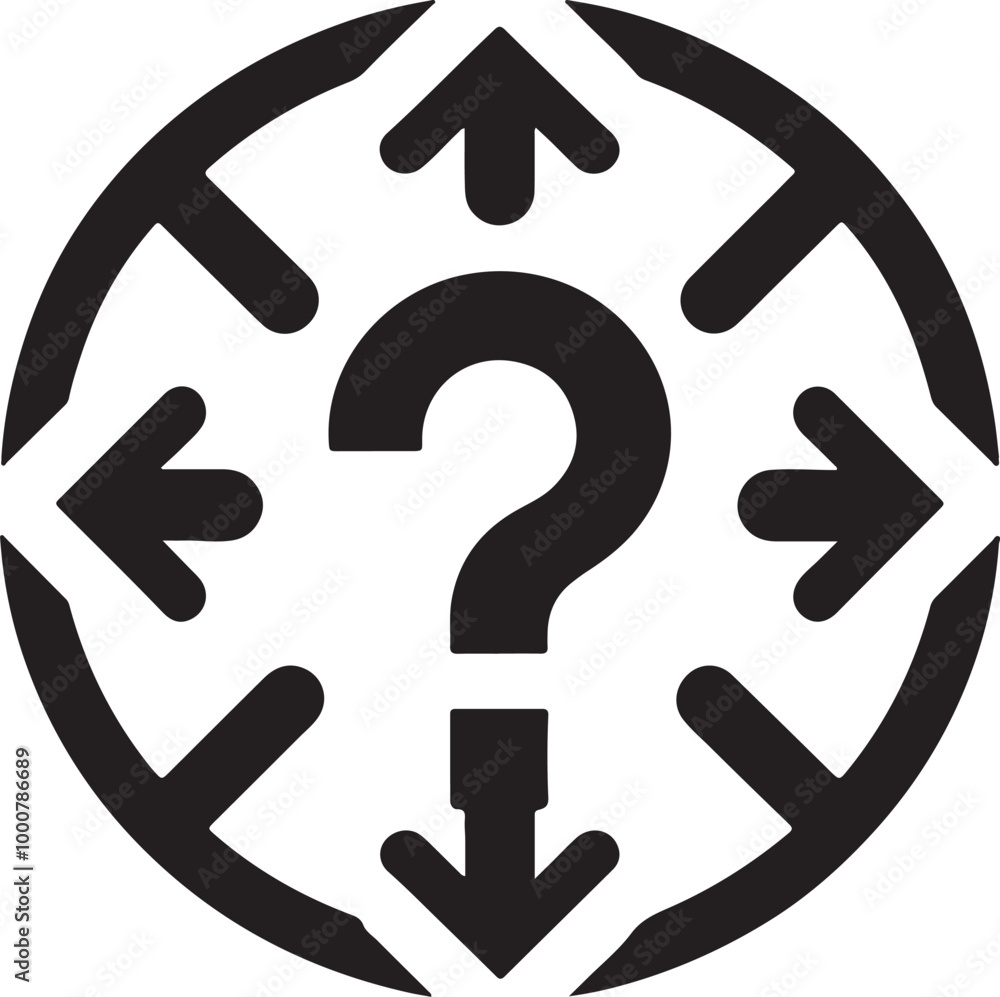 Icon, question mark, arrows pointing outward, black and white, minimalist design, geometric shapes, decision-making symbol, multiple choice concept, directional arrows, circular center, symmetrical. Icon, question mark, arrows pointing outward, black and white, minimalist design, geometric shapes, decision-making symbol, multiple choice concept, directional arrows, circular center, symmetrical.