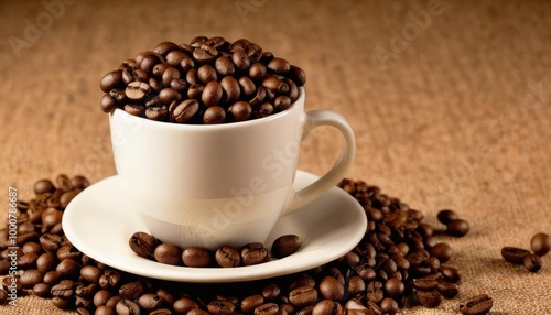  Aromatic coffee beans overflowing a cup