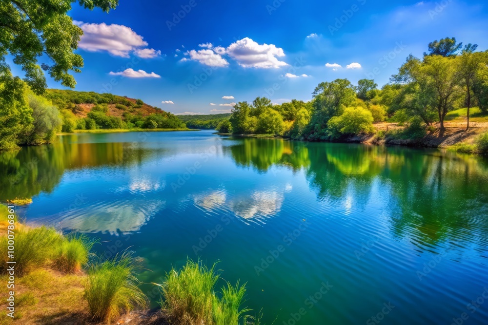 A serene Lake Draper in Oklahoma, embraced by vibrant greenery and beneath clear blue skies, offers a perfect A serene Lake Draper in Oklahoma, embraced by vibrant greenery and beneath clear blue skies, offers a perfect