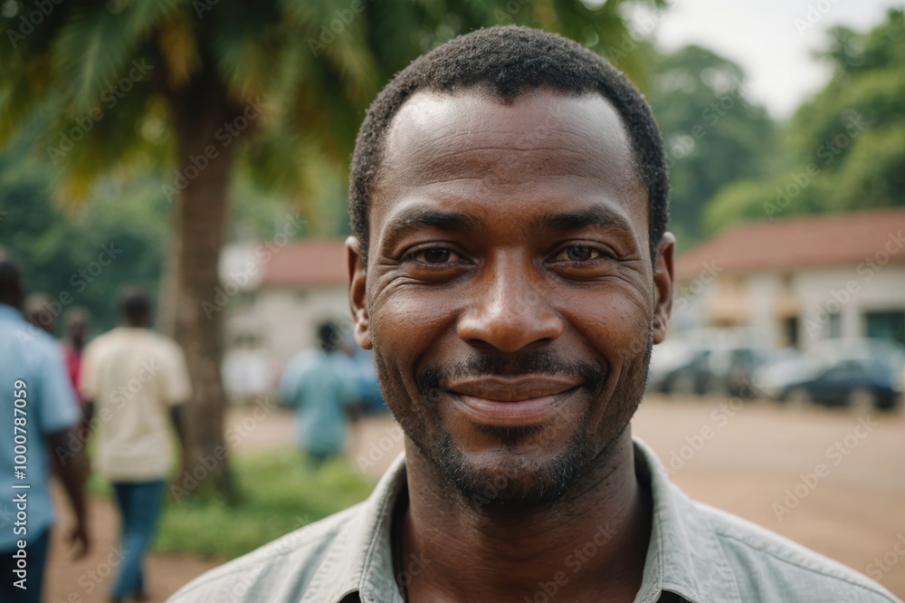 Close portrait of a smiling 40s Comorian man looking at the camera, Comorian outdoors blurred background Close portrait of a smiling 40s Comorian man looking at the camera, Comorian outdoors blurred background