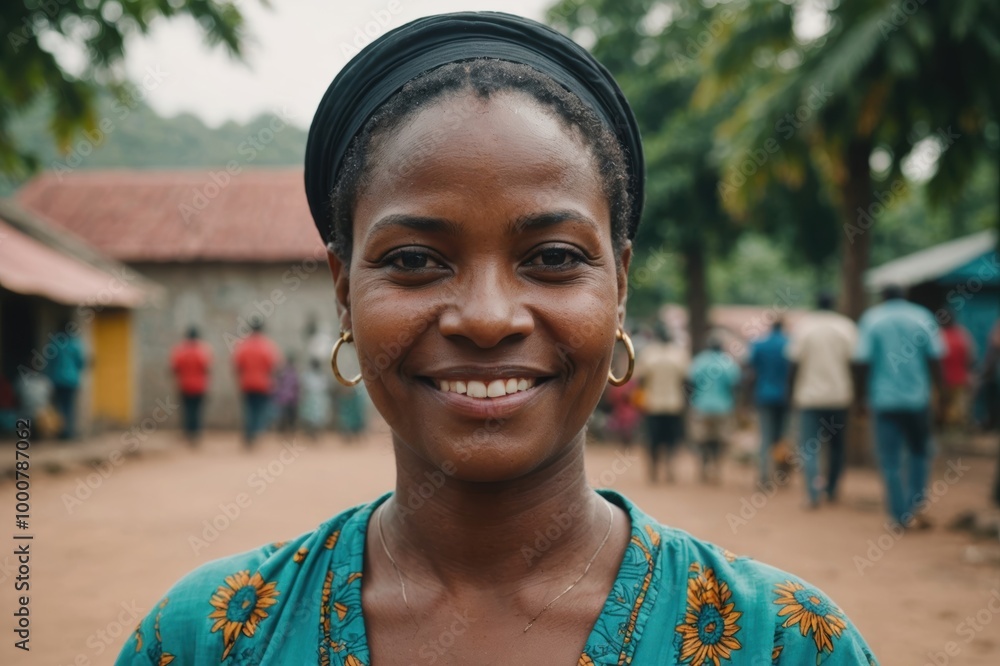 Close portrait of a smiling 40s Comorian woman looking at the camera, Comorian outdoors blurred background Close portrait of a smiling 40s Comorian woman looking at the camera, Comorian outdoors blurred background