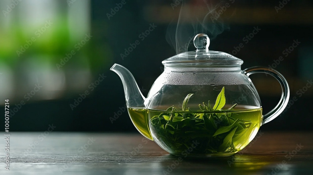 A close-up of a glass teapot filled with green tea, with tea leaves swirling inside, creating a soothing and serene atmosphere A close-up of a glass teapot filled with green tea, with tea leaves swirling inside, creating a soothing and serene atmosphere