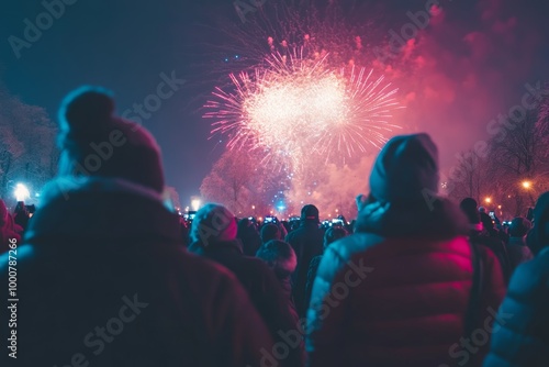 A large crowd watches in awe as colorful fireworks light up the night sky, creating a festive atmosphere