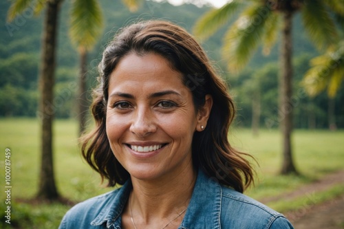 Close portrait of a smiling 40s Costa Rican woman looking at the camera, Costa Rican outdoors blurred background