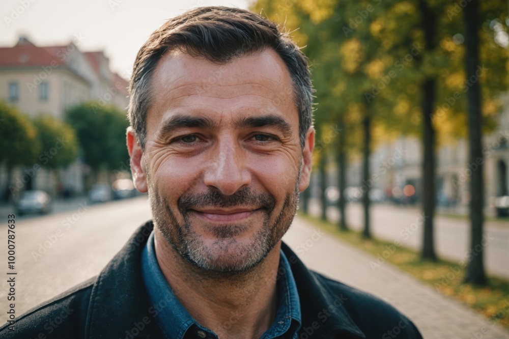 Close portrait of a smiling 40s Croatian man looking at the camera, Croatian outdoors blurred background Close portrait of a smiling 40s Croatian man looking at the camera, Croatian outdoors blurred background