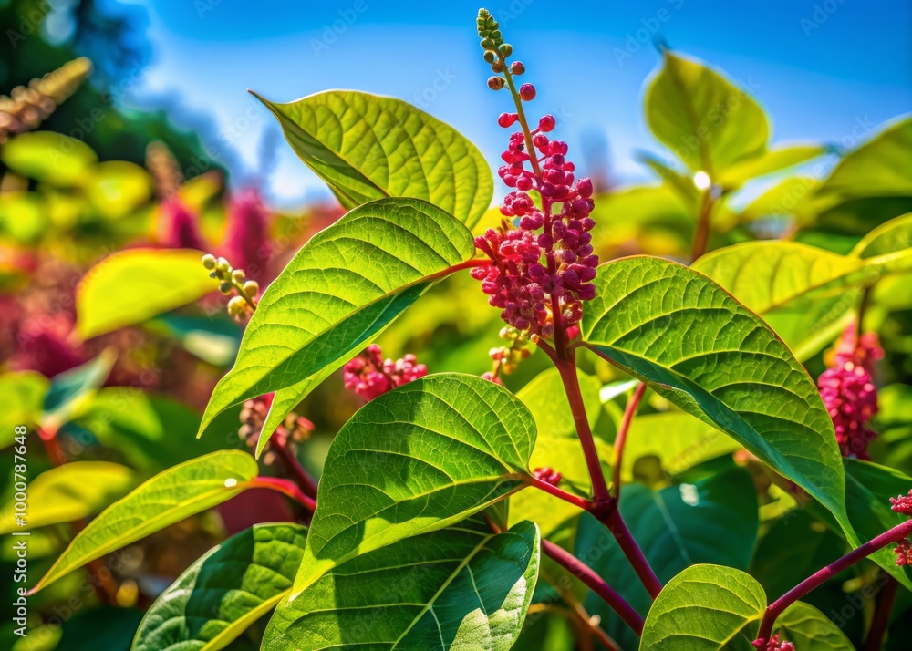 Fototapeta premium Asian Knotweed Plant Close-Up with Green Leaves and Stems in Natural Habitat on a Sunny Day