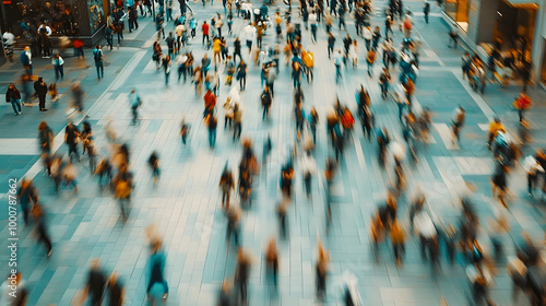 A blurry aerial view of a crowded city street with people walking in different directions.