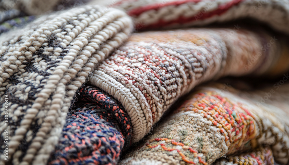 Zoomed-in textures of fabrics like knit wool, woven patterns, or intricate embroidery, creating a cozy, tactile feel Zoomed-in textures of fabrics like knit wool, woven patterns, or intricate embroidery, creating a cozy, tactile feel