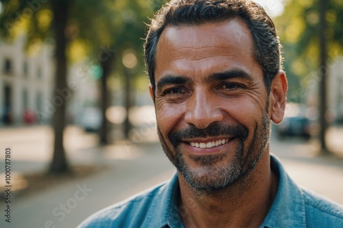 Close portrait of a smiling 40s Cuban man looking at the camera, Cuban outdoors blurred background