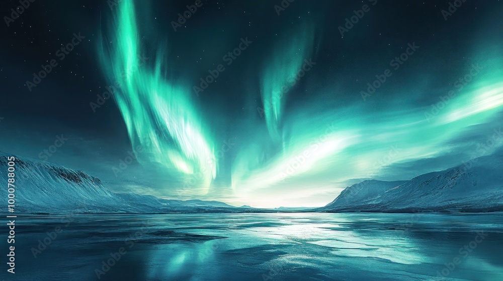 A stunning display of the Northern Lights illuminating a serene landscape over a frozen lake.