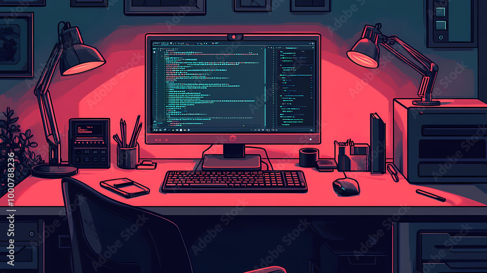 Clean and simple illustration of a developer working on service configuration, coding Clean and simple illustration of a developer working on service configuration, coding