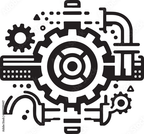 Minimalist mechanical icon, black and white line drawing, plumbing pipe with joints, large gear wheel, industrial design, technical illustration, vector graphic style, simplified machinery symbol.