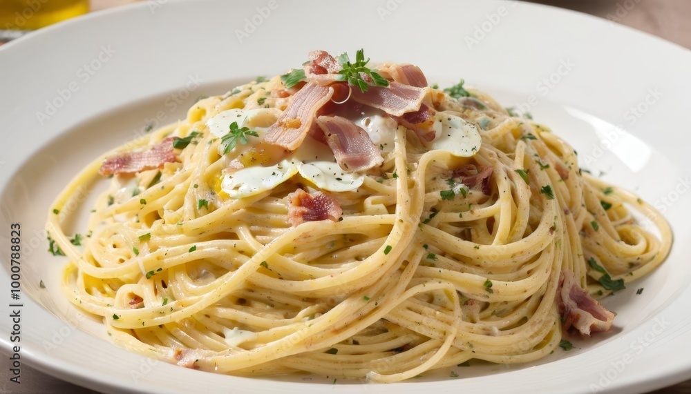 Delicious pasta dish with bacon and herbs ready to be savored Delicious pasta dish with bacon and herbs ready to be savored