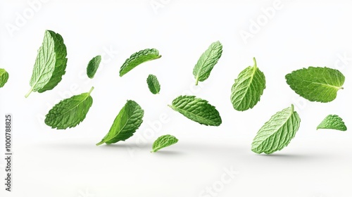 Floating Mint Leaves on White Background Generative AI