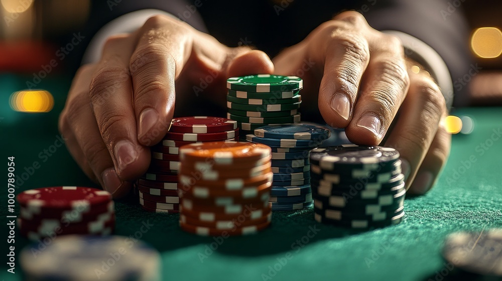 A man is holding a pile of poker chips on a green table A man is holding a pile of poker chips on a green table