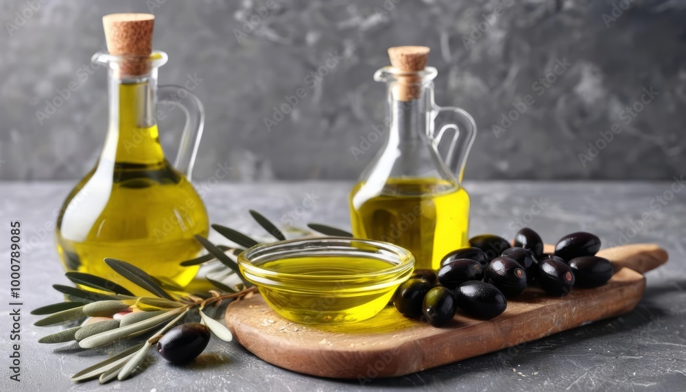Freshly pressed olive oil olives and leaves ready for a culinary delight Freshly pressed olive oil olives and leaves ready for a culinary delight